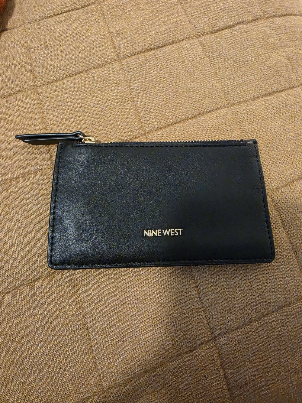 Nine West Black Leather Zip Card Holder with Gold-Tone Zipper